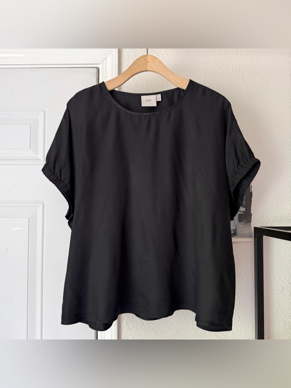 ELK black satin viscose short sleeve boxy cropped crew neck shirt top blouse tee
